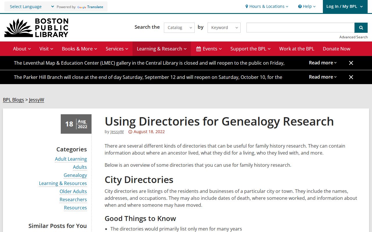 Massachusetts city directory chronology chart showing key Boston directory changes