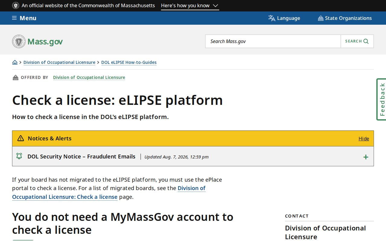 Massachusetts resident lookup uses eLIPSE person and business license tabs