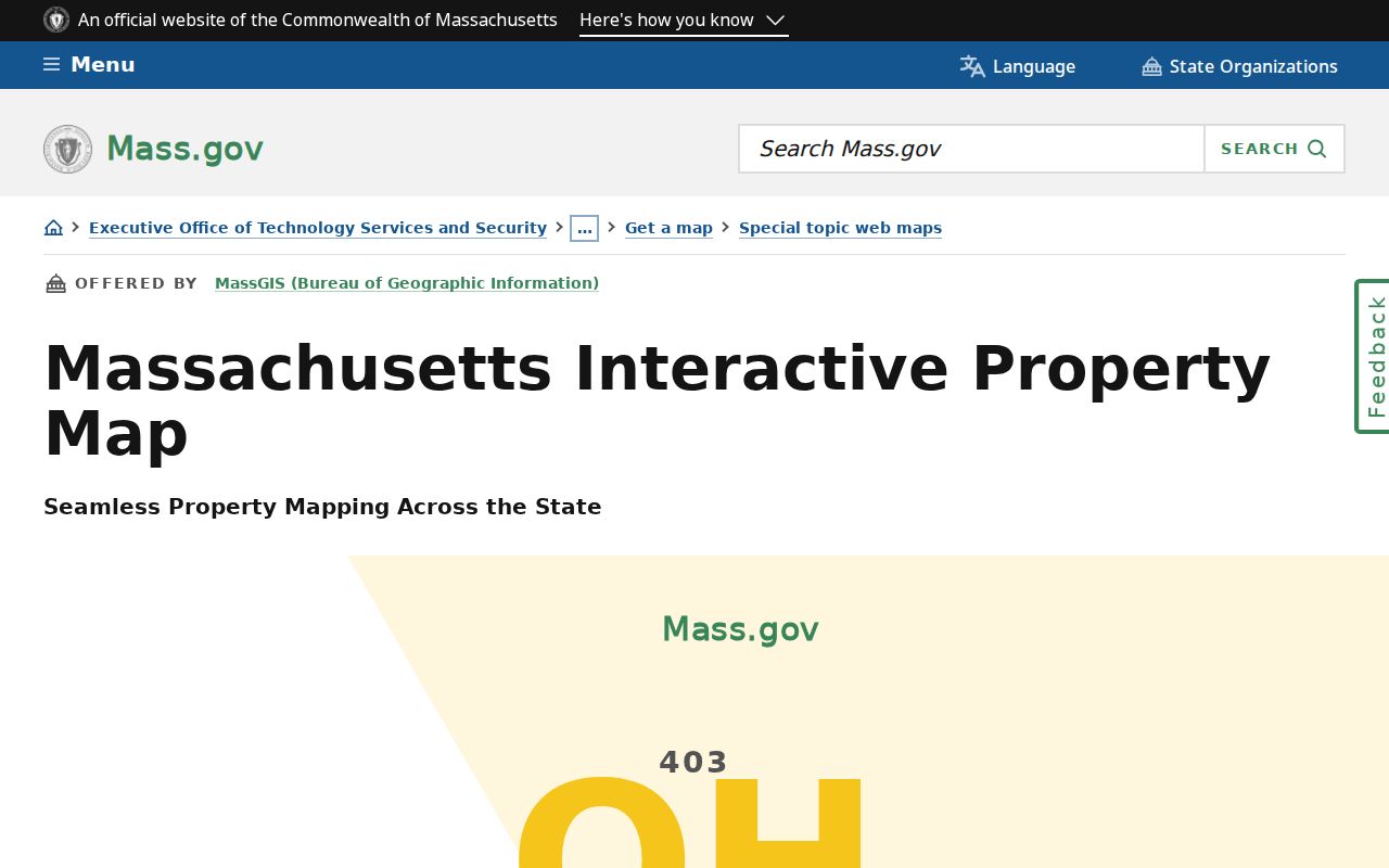 Massachusetts street directory map showing statewide parcels and address search