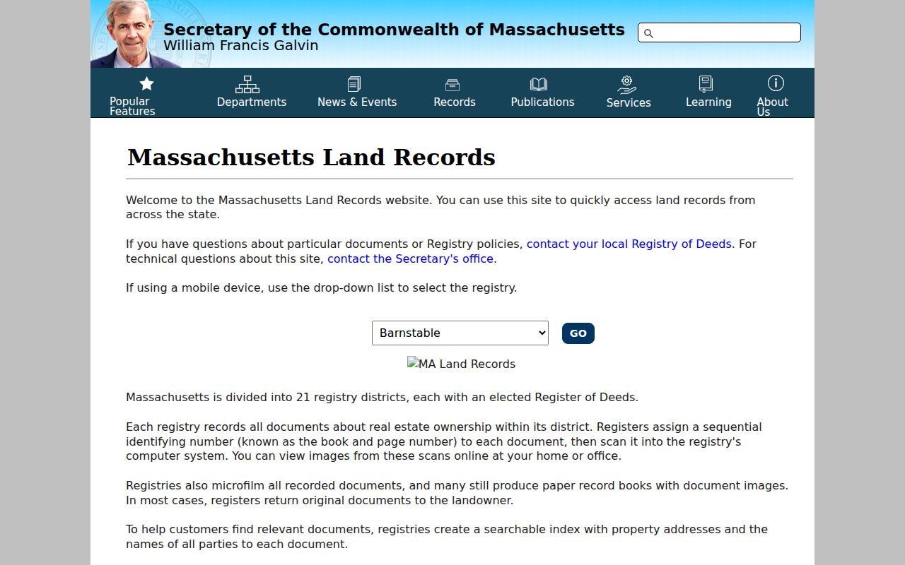 Massachusetts residents directory research at the statewide land records registry selector